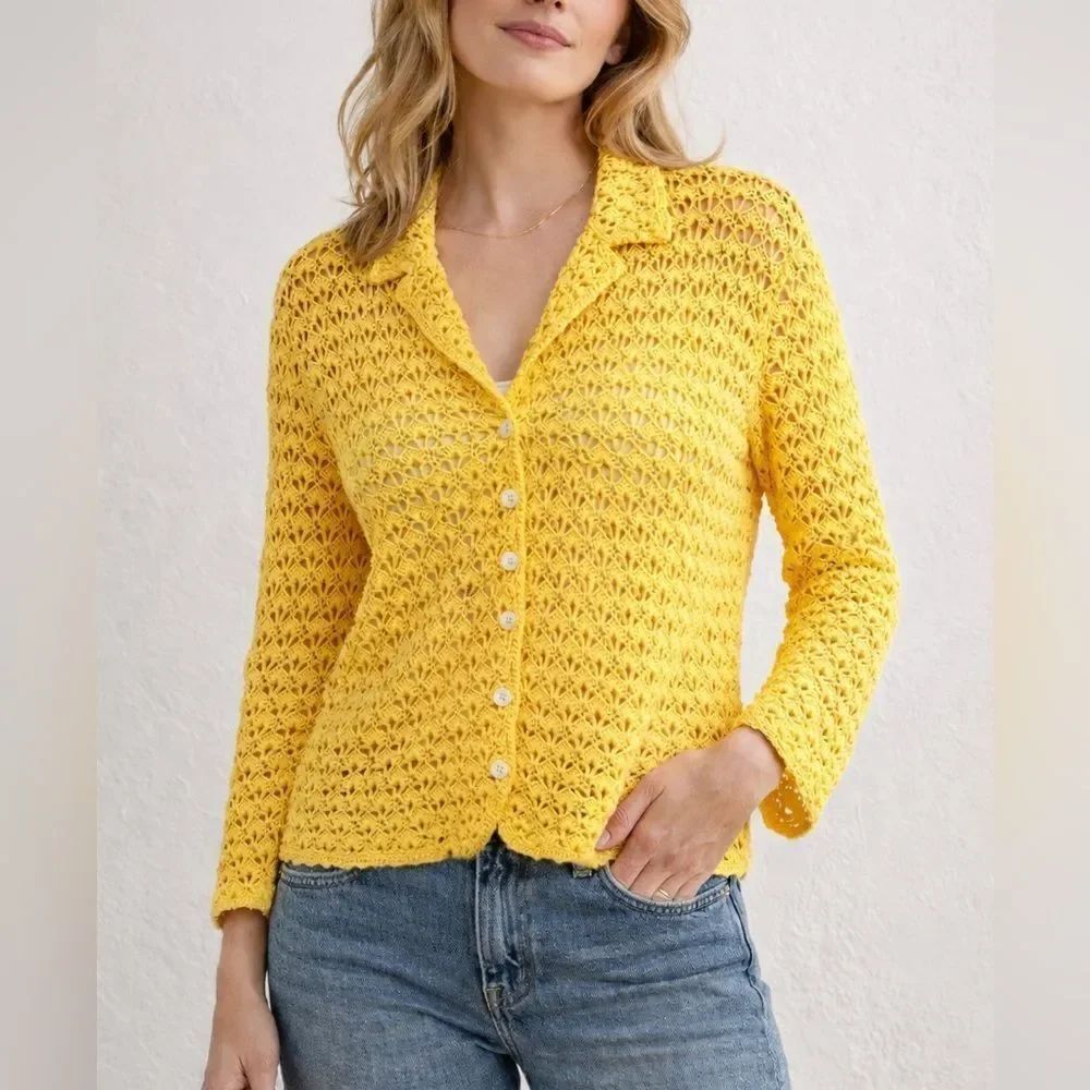 Doncaster Sport Yellow Crochet Cotton Cardigan Open Knit Sweater L